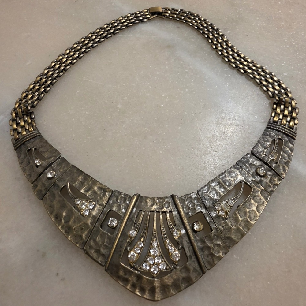 Vintage Art Deco Style Statement Necklace Hammered Metal Crystal Choker - Picture 3 of 12